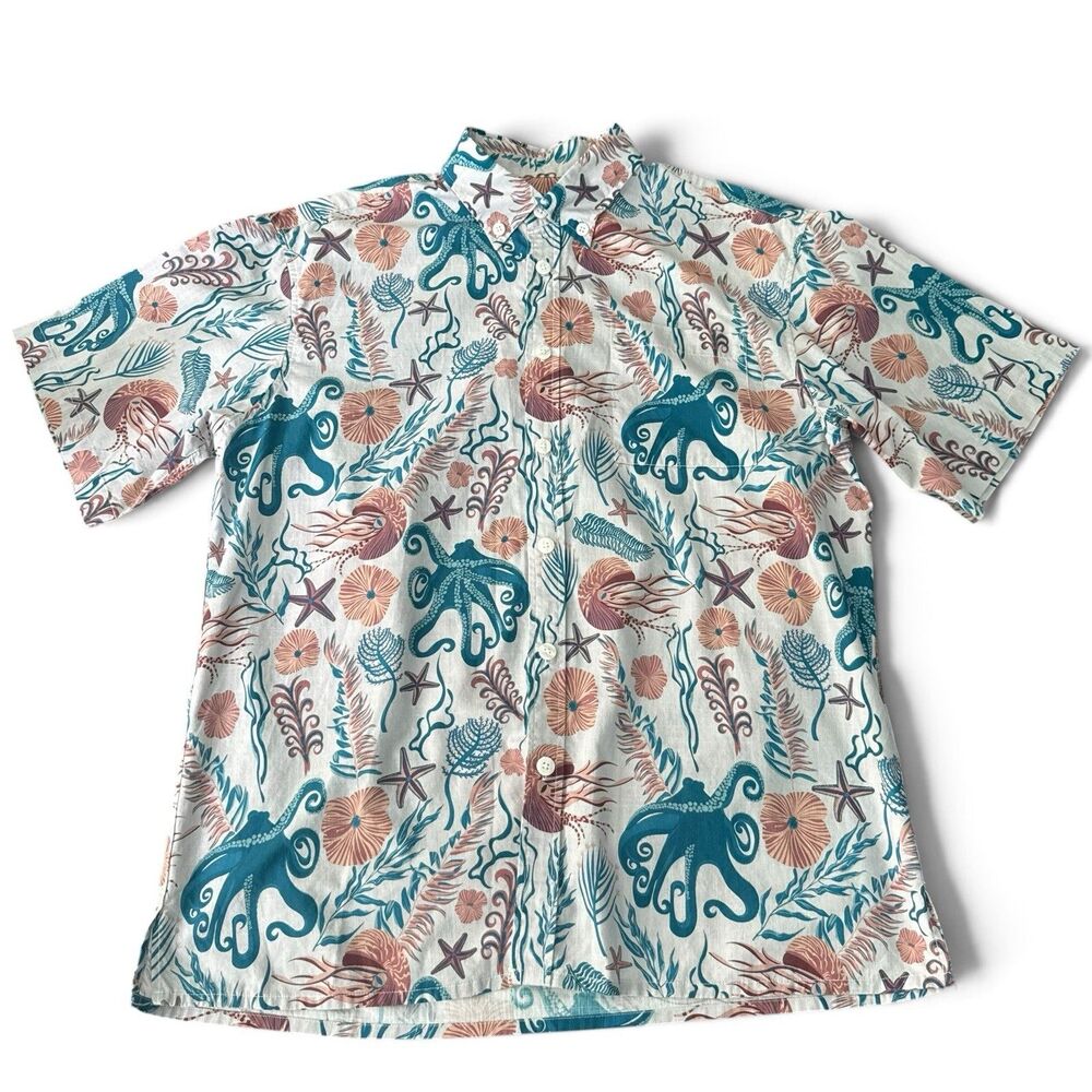 Yiume Ocean Seascape Shirt Men M White Nautical Cotton Pocket Octopus Marine